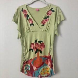 Oilily Rare Light Green Floral V-Neck Rose Motif Blouse Casual Women’s Size S